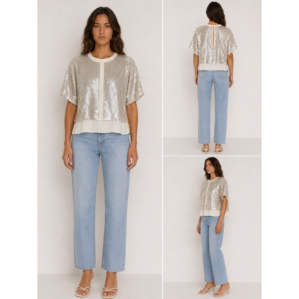 Whistles White Sequin Short Sleeve Top Silk Trim Crew Neck Keyhole Back US 6